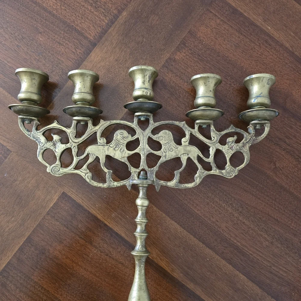 Antique Brass Five Branch Candelabra‎ ''Lions of Judah'' Judaic Candle Holder